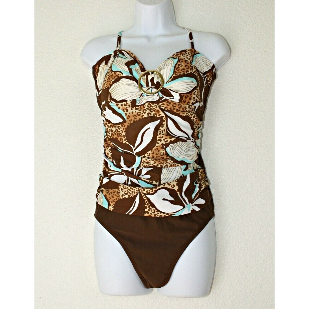BEACH BAY 1 Pc Swimsuit Sz. 16 Halter White Brown Aqua Floral & Animal Print #03